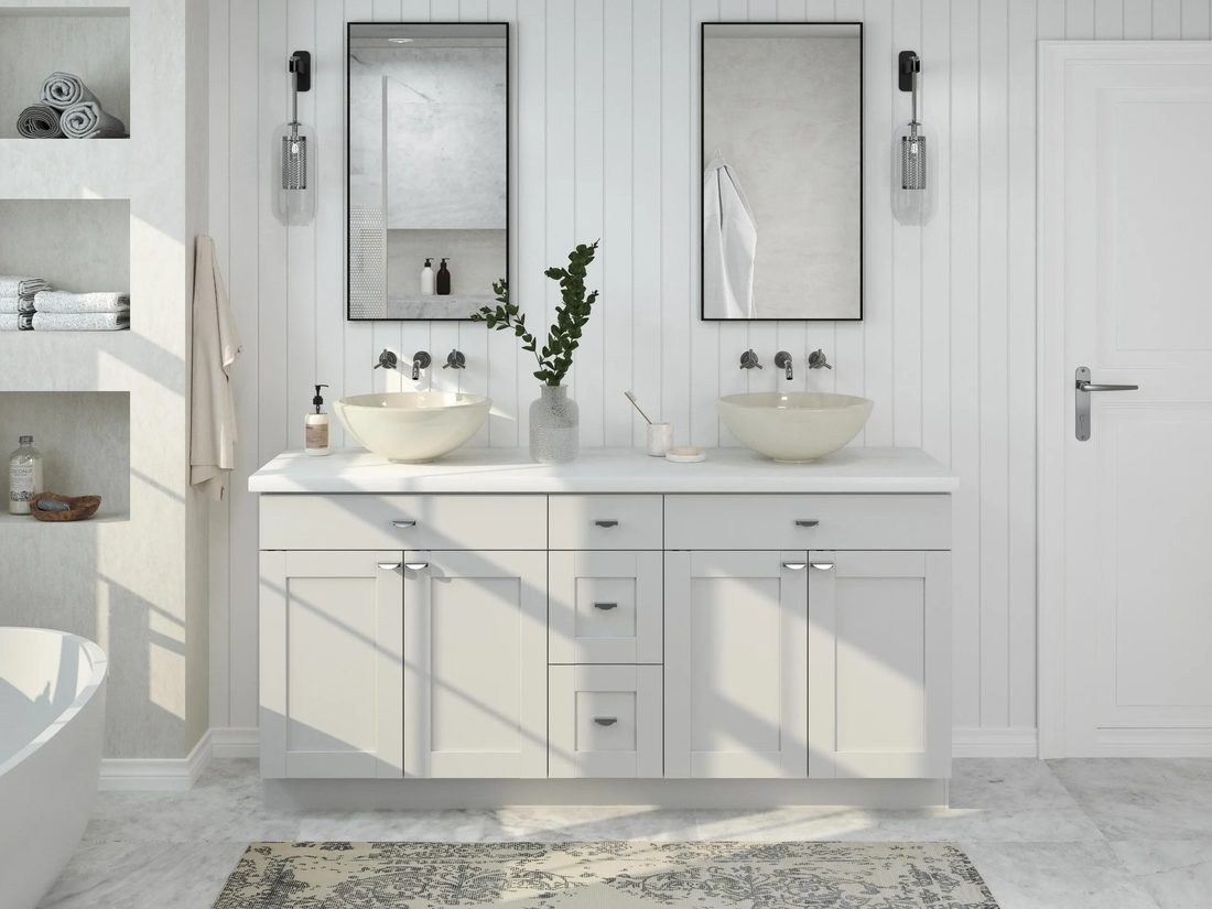 White double vanity in a bright bathroom