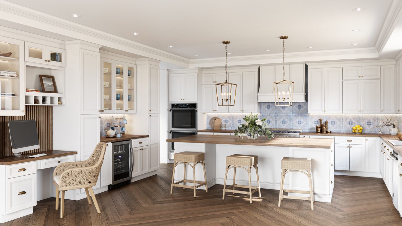 White kitchen with herringbone floors and a butcher block island